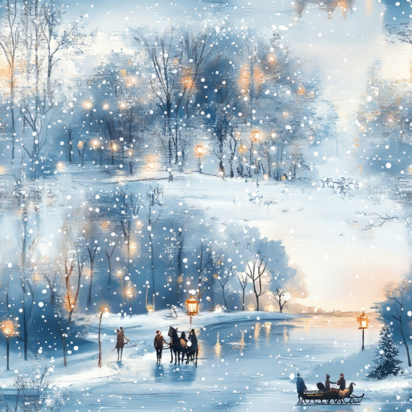 winter scene, snow falling, ice blue, soft white, warm orange, twilight sky, bare trees, frozen pond, people silhouettes, horse-drawn sleigh, street lamps, snowy landscape,, fabric panel, dreamy atmosphere, evening glow, winter wonderland, frosty pattern, scenic print, watercolor style