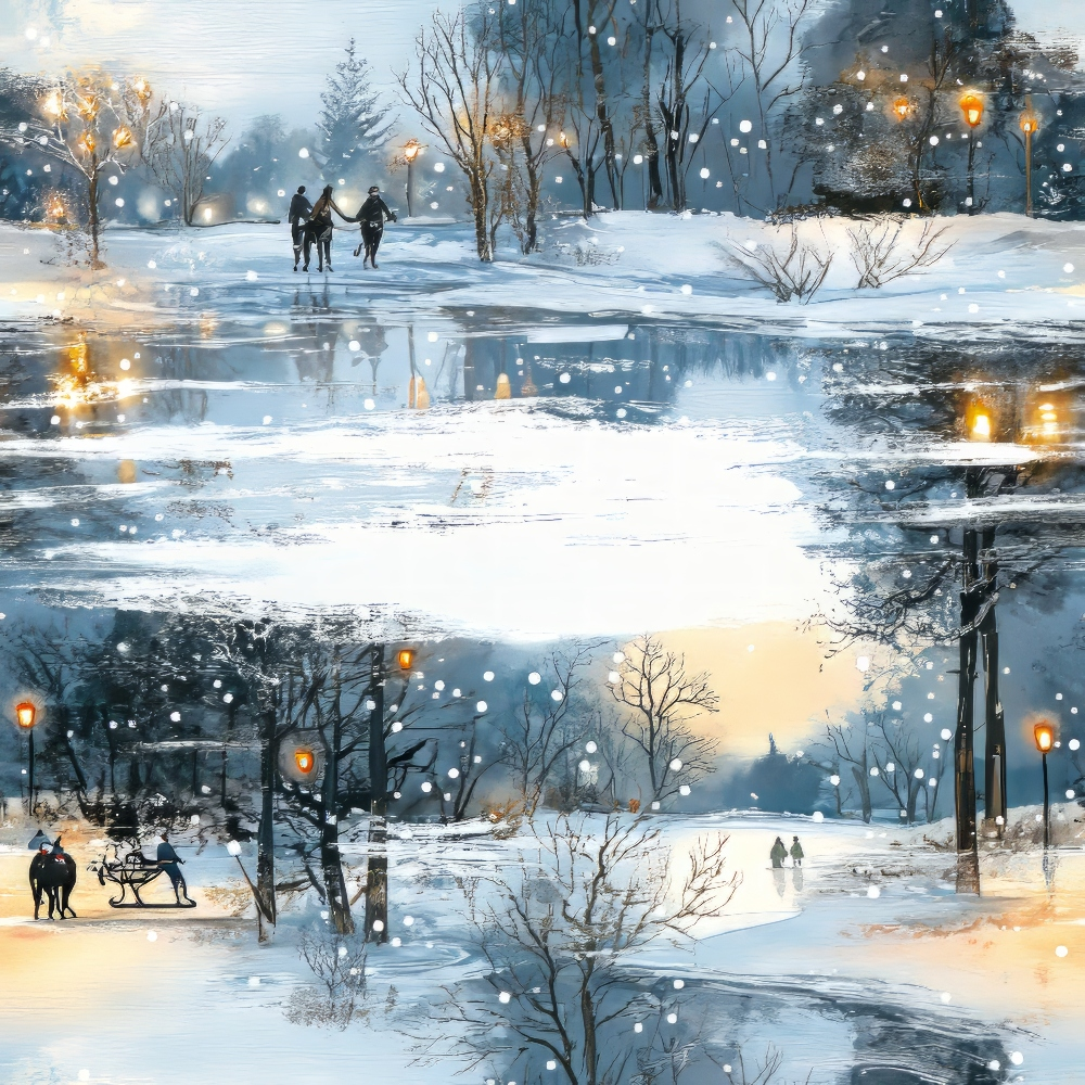 winter scene, snowy landscape, ice skating, frozen pond, street lamps, falling snow, twilight sky, bare trees, park benches, couples walking, golden light, blue tones, white snow, gray sky,, fabric panel, winter wonderland, evening scene, reflective water, lamplight glow