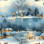 winter scene, snow falling, frozen lake, ice skating,, fabric panel, blue tones, white snow, golden lights, cozy cabins, bare trees, winter wonderland, people silhouettes, reflective water, snowy landscape, evening twilight, warm illumination, seasonal pattern, frosty atmosphere, winter activities
