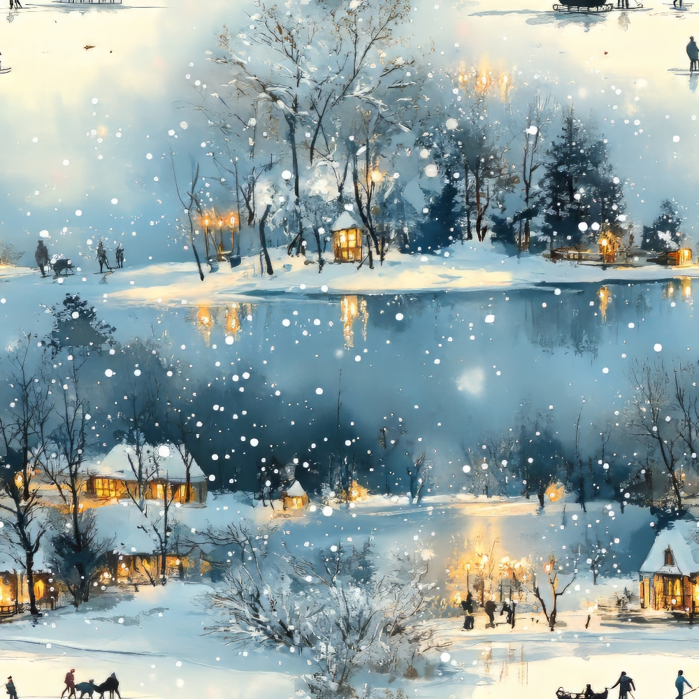 winter scene, snow falling, frozen lake, ice skating,, fabric panel, blue tones, white snow, golden lights, cozy cabins, bare trees, winter wonderland, people silhouettes, reflective water, snowy landscape, evening twilight, warm illumination, seasonal pattern, frosty atmosphere, winter activities