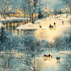winter scene, snow falling, frozen pond, ice skating, horse-drawn sleigh, street lamps, bare trees, evergreen trees, teal blue, golden yellow, cream white, reflective water, snowy landscape,, fabric panel, winter wonderland, peaceful mood, vintage style, holiday theme, outdoor activities