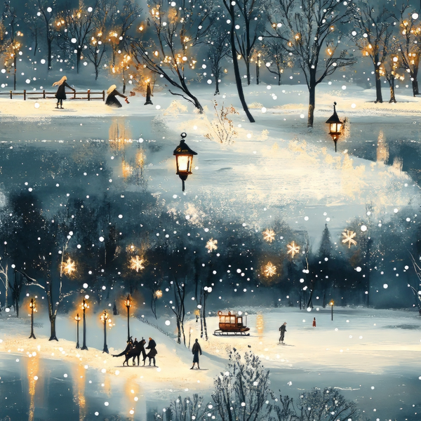 winter scene, snowy landscape, ice skating, frozen pond, street lamps, warm golden lights, blue tones, white snow, bare trees, people silhouettes, winter activities, evening twilight, reflective water, snowflakes,, fabric panel, winter wonderland, cozy atmosphere, outdoor recreation, seasonal motif