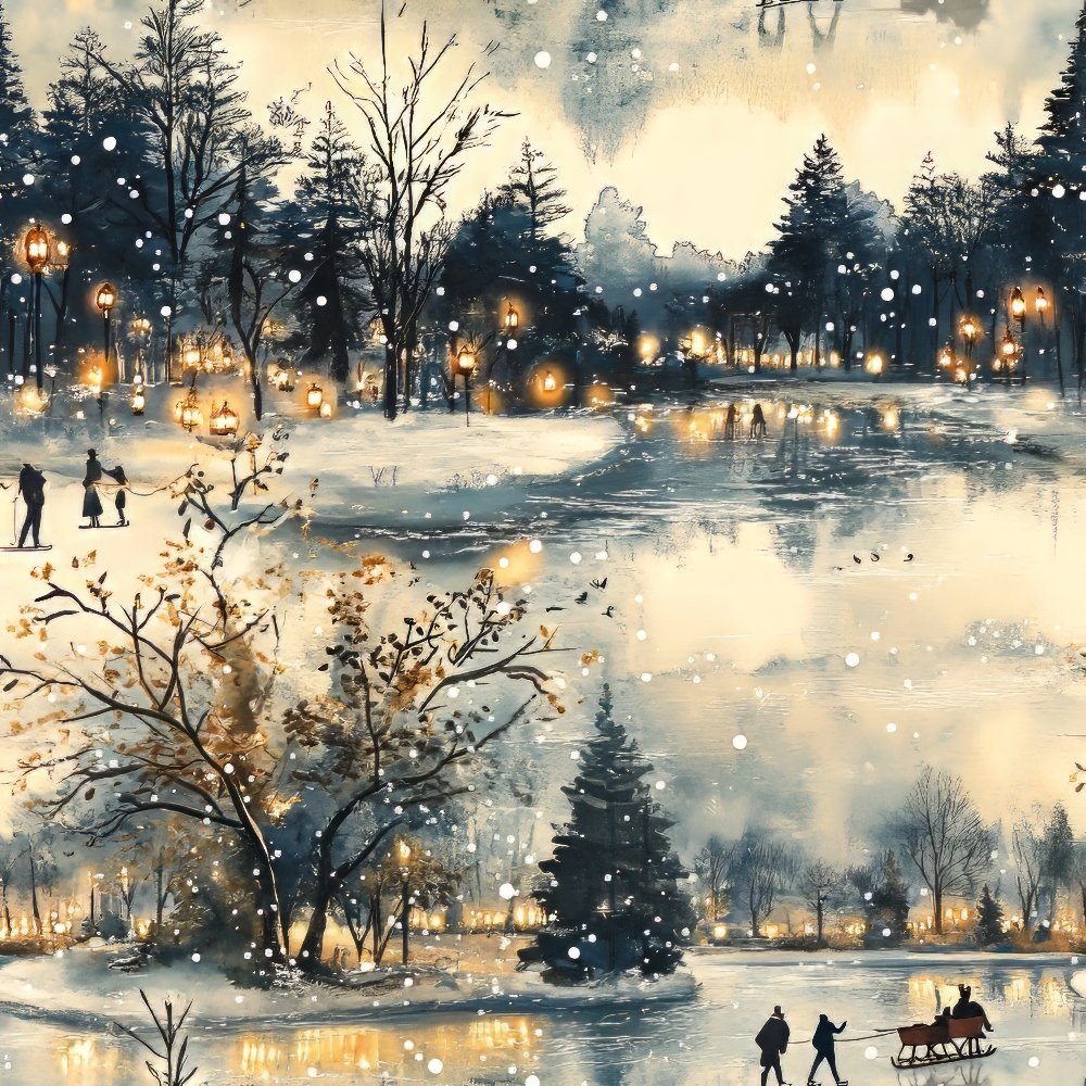 winter scene, snow falling, frozen lake, street lamps, evergreen trees, bare trees, silhouettes, people sledding, warm golden lights, cold blue tones, cream background, watercolor style, park setting, evening atmosphere,, fabric panel, seasonal design, winter wonderland, snowy landscape, peaceful mood