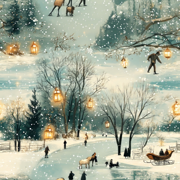 winter scene, snowy landscape, warm golden lanterns, bare trees, silhouetted figures, people walking, sleigh, horses, falling snow, teal blue sky, cream white snow, amber lights,, fabric panel, cozy atmosphere, winter activities, pastoral scene, folk art style, seasonal design, frosty wonderland