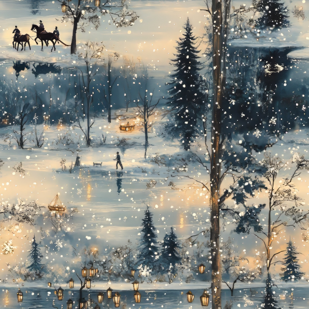 winter scene, snowy landscape, blue tones, cream colors, golden lights, evergreen trees, horse riders, frozen pond, ice skating, vintage lanterns, snowflakes,, fabric panel, nostalgic artwork, winter wonderland, scenic vignettes, muted palette, cozy atmosphere, outdoor activities, romantic winter