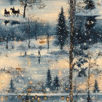 winter scene, snowy landscape, blue tones, cream colors, golden lights, evergreen trees, horse riders, frozen pond, ice skating, vintage lanterns, snowflakes,, fabric panel, nostalgic artwork, winter wonderland, scenic vignettes, muted palette, cozy atmosphere, outdoor activities, romantic winter