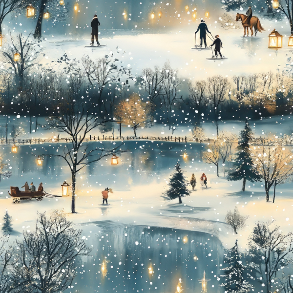 winter scene, snow falling, ice skating, lanterns, evergreen trees, horse rider, sledding, frozen pond, blue tones, warm golden light,, fabric panel, winter wonderland, snowy landscape, outdoor activities, twilight sky, bare trees, winter sports, peaceful scene, holiday atmosphere
