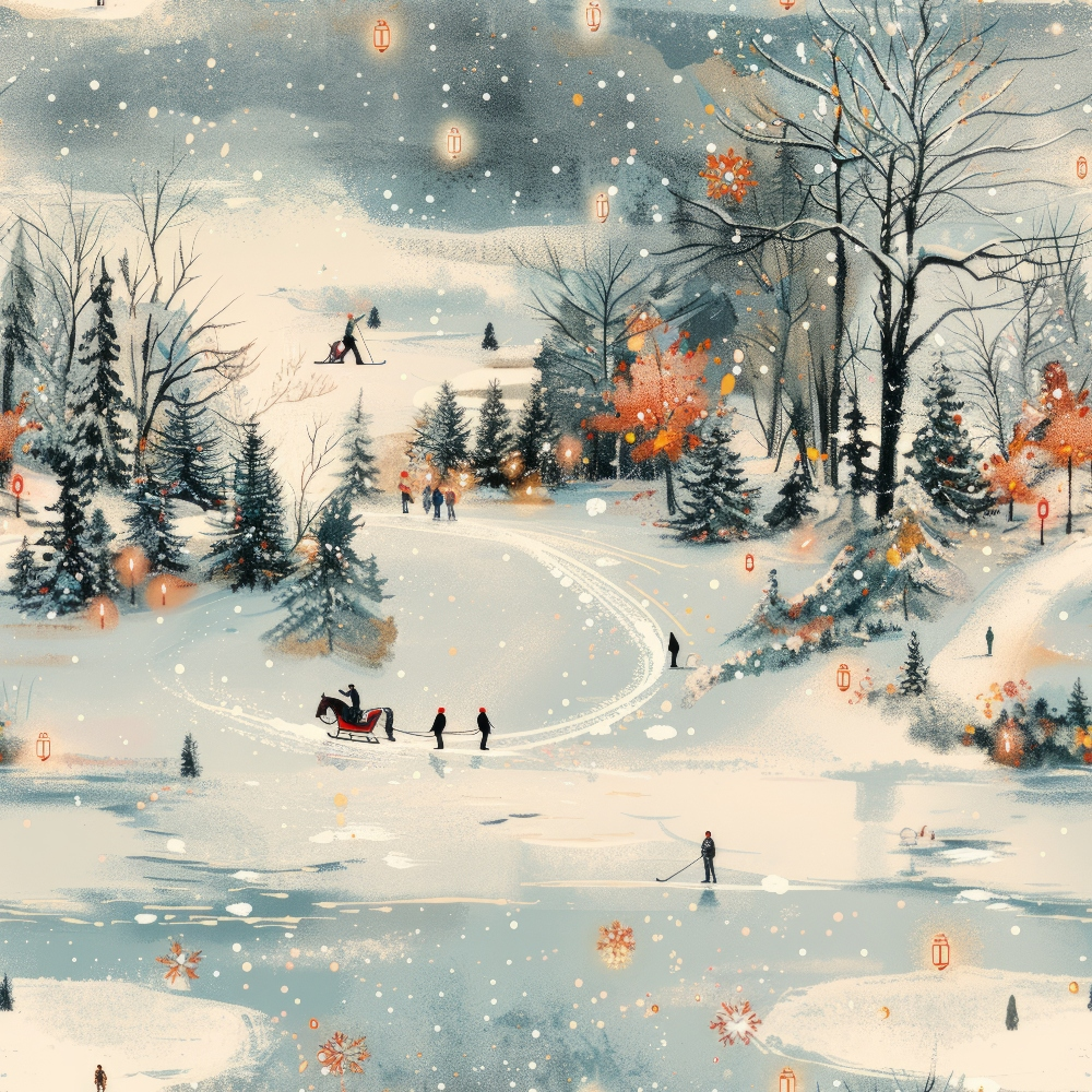 winter scene, snow falling, ice skating, horse sleigh, evergreen trees, bare branches, orange lanterns, pale blue sky, cream white snow, forest landscape, outdoor activities, seasonal fabric,, fabric panel, whimsical illustration, peaceful mood, holiday theme, winter sports, snowy pathway, vintage style
