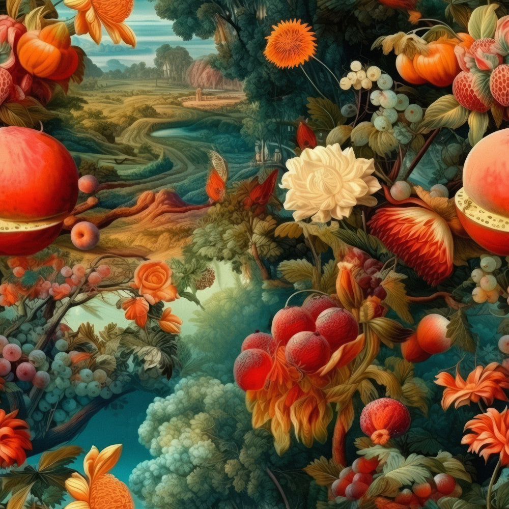 orange, coral, teal, cream, burgundy, peach, floral pattern, fruit motif, botanical design, vintage style, ornate flowers, decorative berries,, fabric panel, autumn colors, detailed illustration, romantic mood, lush foliage, landscape background