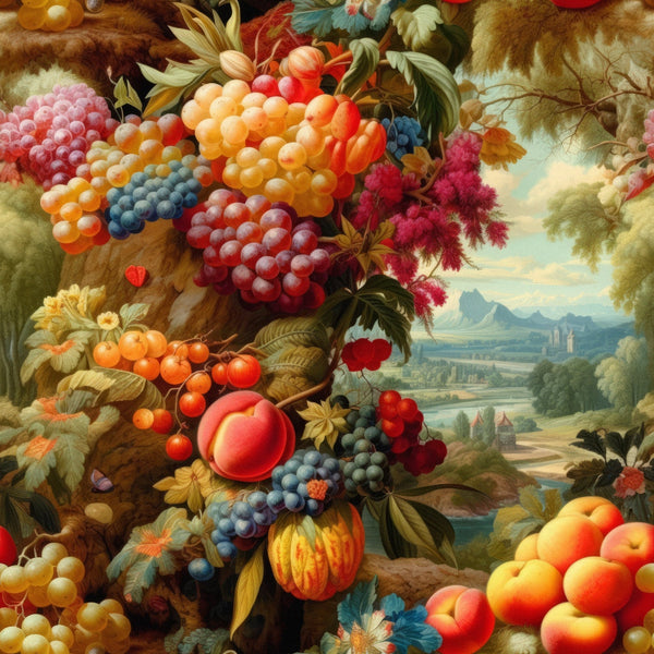fruits, grapes, peaches, berries, botanical, still life, burgundy, golden yellow, coral pink, deep blue, sage green, renaissance style, landscape background,, fabric panel, ornate foliage, vintage artwork, rich colors, decorative motifs
