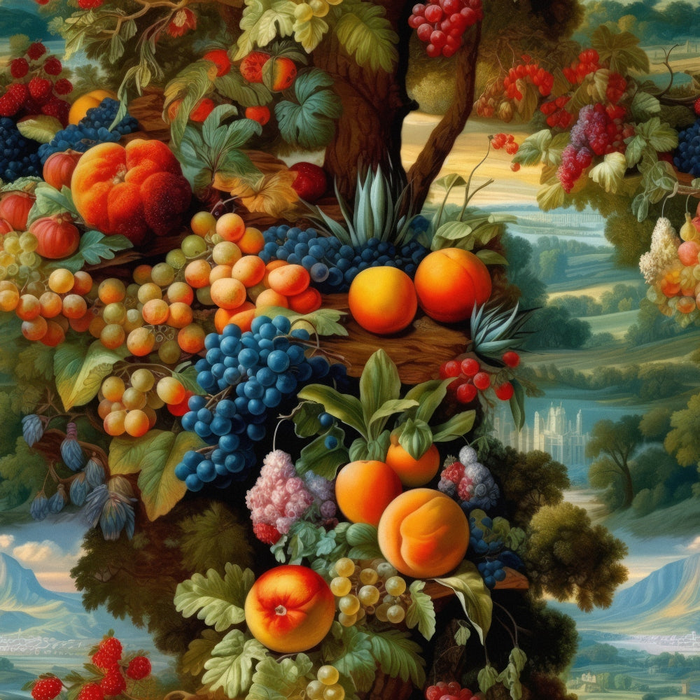 fruit still life, peaches, grapes, berries, strawberries, oranges, botanical art, vineyard scene, lush foliage, orange, red, blue, green, yellow, purple,, fabric panel, renaissance style, abundant harvest, detailed realism, landscape background, ornate composition