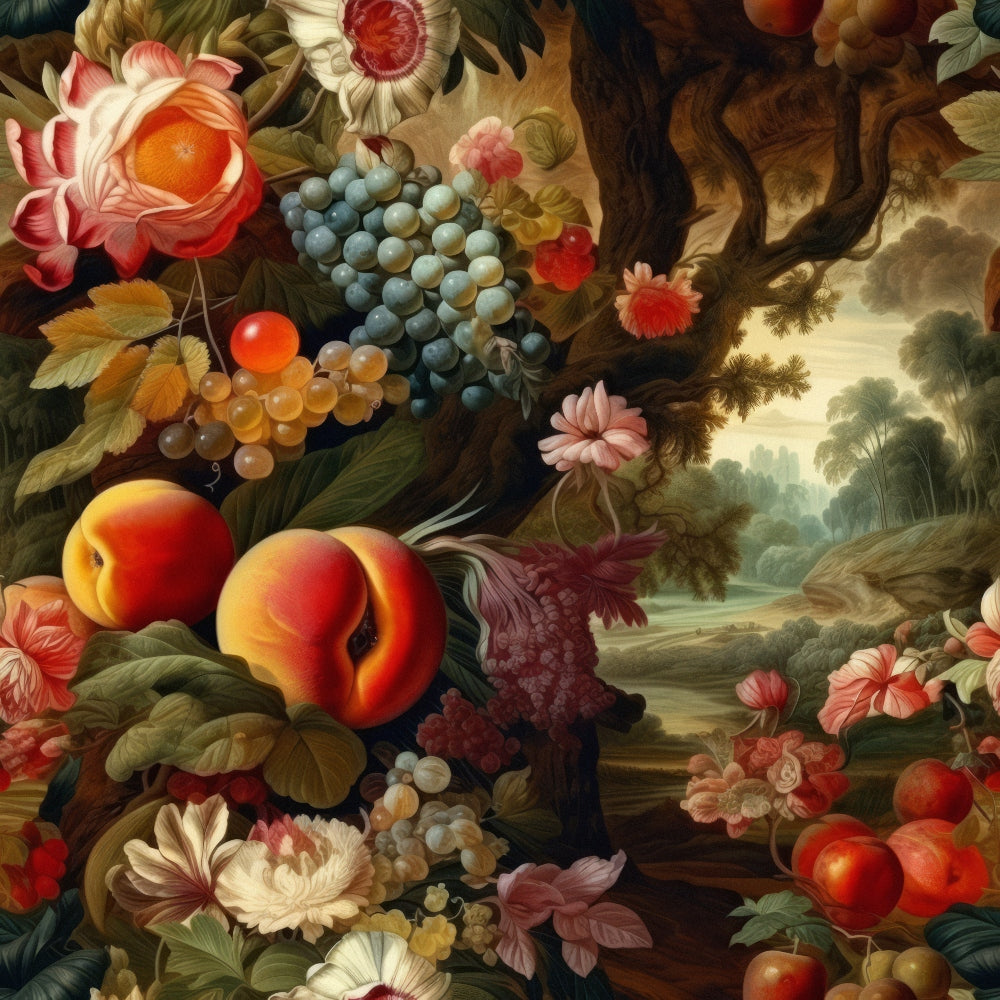 fruit motifs, peaches, grapes, floral elements, burgundy, golden yellow, forest green, cream white, coral pink, baroque style, ornate design, botanical print,, fabric panel, lush foliage, decorative flowers, rich colors, vintage aesthetic, nature scenes, abundant harvest