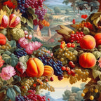 fruit pattern, peaches, grapes, berries, floral motifs, pastoral landscape, baroque style, ornate design,, fabric panel, red berries, purple grapes, orange peaches, green leaves, pink flowers, countryside scene, decorative border, botanical print, harvest theme, vintage illustration