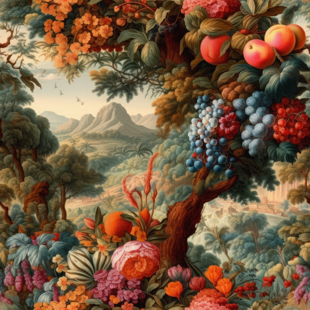 fabric panel, fruits, grapes, peaches, botanical illustration, landscape scene, mountains, trees, floral motifs, autumn colors, orange, burgundy, teal, emerald green, coral pink, abundant harvest, nature scene, detailed artwork, lush foliage, scenic background