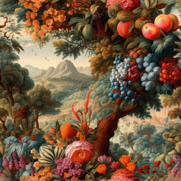 fabric panel, fruits, grapes, peaches, botanical illustration, landscape scene, mountains, trees, floral motifs, autumn colors, orange, burgundy, teal, emerald green, coral pink, abundant harvest, nature scene, detailed artwork, lush foliage, scenic background