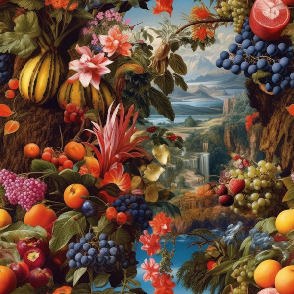 fruit motifs, botanical design, grapes, oranges, peaches, berries, tropical flowers, landscape scene, mountains, waterfall, ornate composition,, fabric panel, lush foliage, abundance theme, decorative border, realistic art style, nature scene, vivid colors, detailed illustration