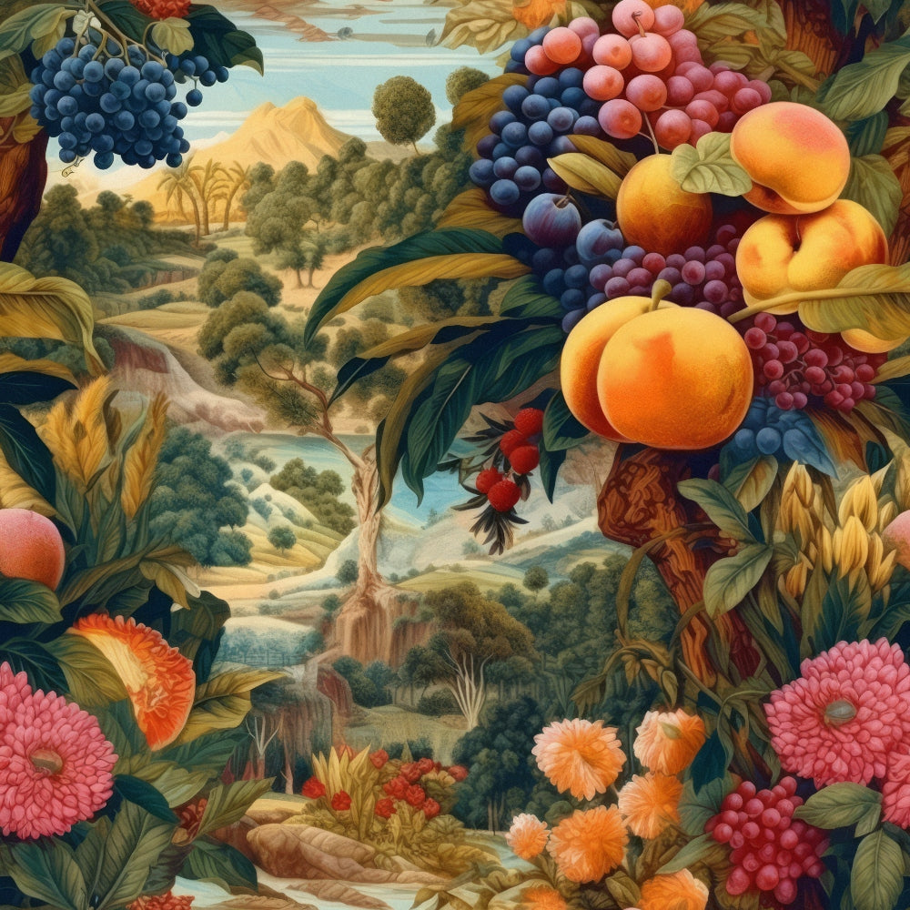 fruit motifs, grapes, peaches, oranges, flowers, botanical design, landscape scenery, mountains, trees, warm colors, orange tones, pink hues, blue accents, green foliage, pastoral scene,, fabric panel, nature pattern, harvest theme, abundance motif