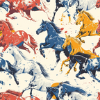 galloping horses, equestrian pattern, red horses, blue horses, orange horses, white horses, running motion, dynamic movement, western theme, horse silhouettes, paint splatter effect, artistic brushstrokes,, fabric panel, cream background, equine design, wild horses, energetic pattern, rodeo style, painterly style