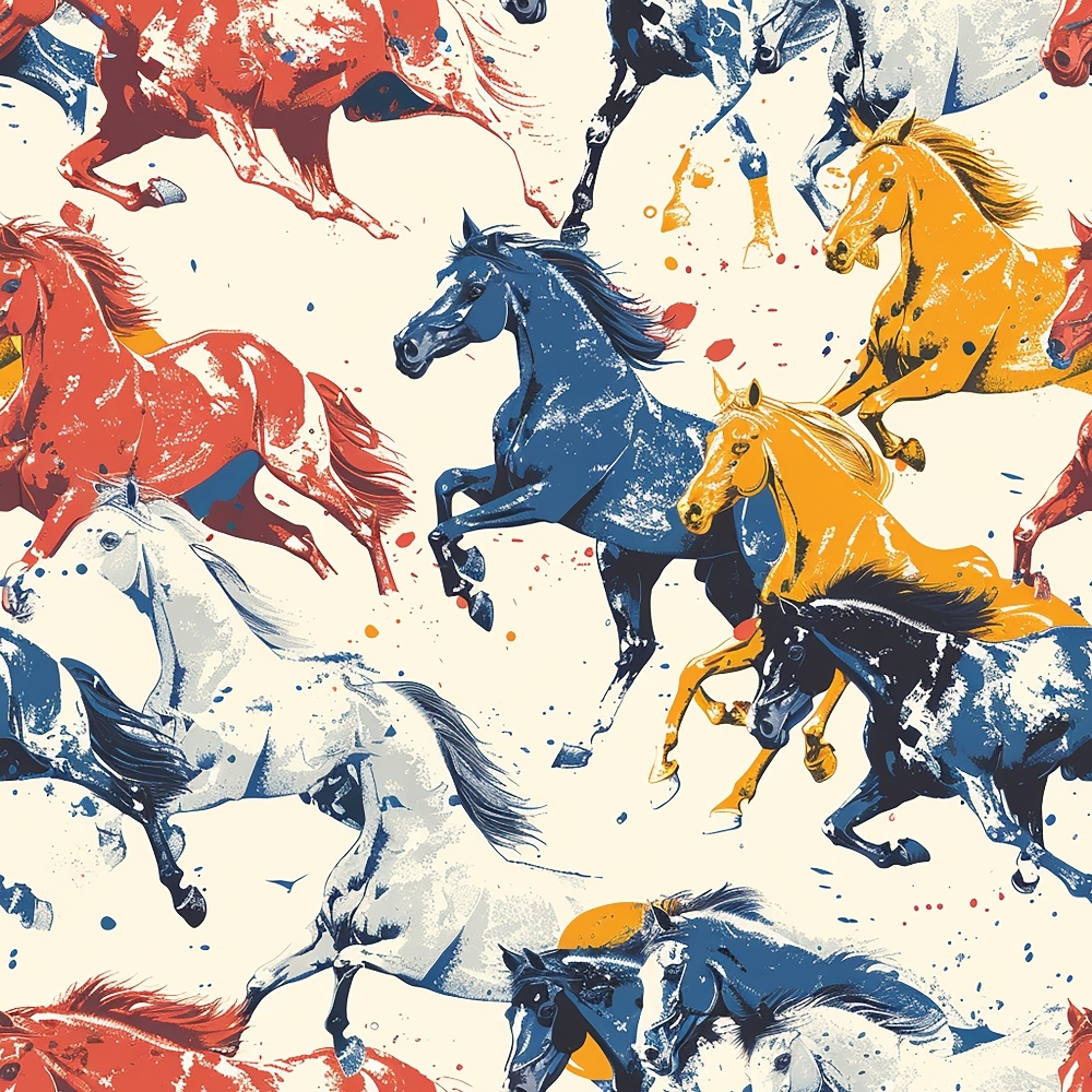 galloping horses, equestrian pattern, red horses, blue horses, orange horses, white horses, running motion, dynamic movement, western theme, horse silhouettes, paint splatter effect, artistic brushstrokes,, fabric panel, cream background, equine design, wild horses, energetic pattern, rodeo style, painterly style