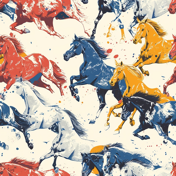 galloping horses, equestrian pattern, red horses, blue horses, orange horses, white horses, running motion, dynamic movement, western theme, horse silhouettes, paint splatter effect, artistic brushstrokes,, fabric panel, cream background, equine design, wild horses, energetic pattern, rodeo style, painterly style