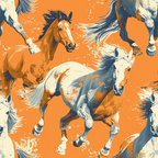 orange background, galloping horses, white horses, brown horses, flowing manes, dynamic movement, western theme, equestrian design, paint splatter effect, artistic style,, fabric panel, horse pattern, energetic mood, rustic colors, animal motif, stampeding herd, windswept tails, ranch theme, vibrant orange