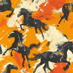 orange, black, cream, beige, horses, galloping horses, equestrian, silhouettes, dynamic movement, paint splashes, artistic brushstrokes, abstract background, flowing manes, running horses,, fabric panel, energetic mood, western theme, horse pattern, contemporary art style