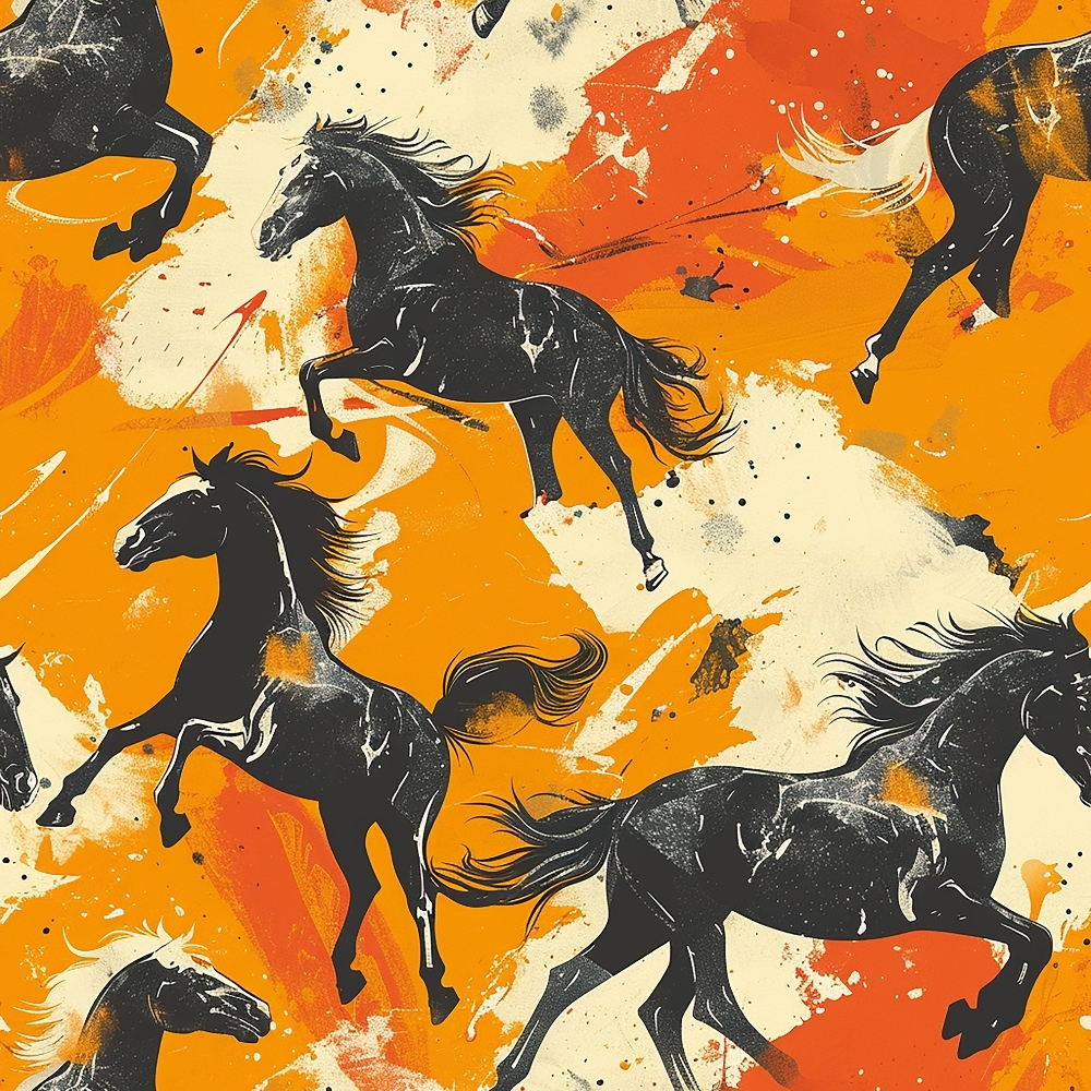 orange, black, cream, beige, horses, galloping horses, equestrian, silhouettes, dynamic movement, paint splashes, artistic brushstrokes, abstract background, flowing manes, running horses,, fabric panel, energetic mood, western theme, horse pattern, contemporary art style
