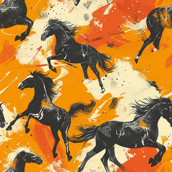 orange, black, cream, beige, horses, galloping horses, equestrian, silhouettes, dynamic movement, paint splashes, artistic brushstrokes, abstract background, flowing manes, running horses,, fabric panel, energetic mood, western theme, horse pattern, contemporary art style