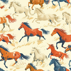 galloping horses, orange horses, white horses, navy blue horses, cream background, western pattern, equestrian design, running horses, dynamic movement, painterly style, horse silhouettes, ranch theme, cotton fabric, quilting panel, rustic colors, earth tones, animal print, brushstroke texture, wild horses, stampede pattern