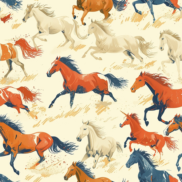 galloping horses, orange horses, white horses, navy blue horses, cream background, western pattern, equestrian design, running horses, dynamic movement, painterly style, horse silhouettes, ranch theme, cotton fabric, quilting panel, rustic colors, earth tones, animal print, brushstroke texture, wild horses, stampede pattern