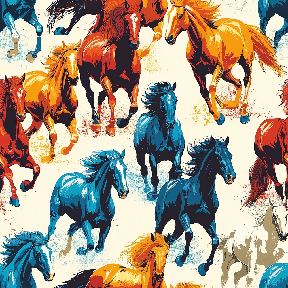 horses, galloping, equestrian, orange, blue, red, yellow, teal, navy, cream, beige, wild horses, running horses, dynamic movement, painterly style, artistic illustration,, fabric panel, western theme, animal print, colorful horses, energetic design