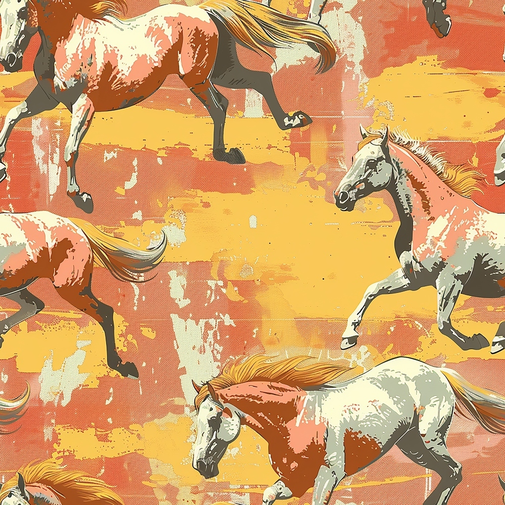 horses, galloping, equestrian, orange, coral, yellow, amber, brown, white, abstract brushstrokes, painterly style, western theme, wild horses, running horses, cotton fabric, quilting panel, artistic pattern, warm colors, southwestern style, horse silhouettes