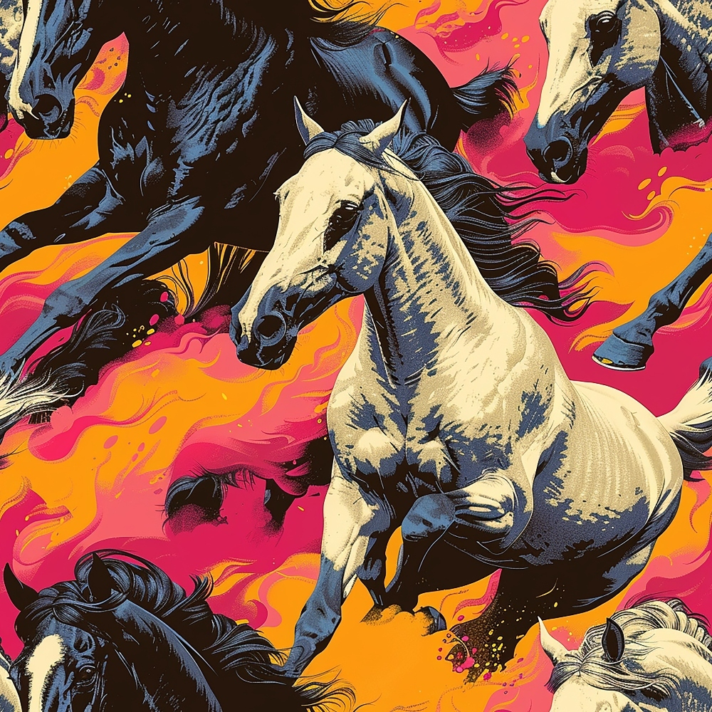horses, galloping horses, equestrian, pink, orange, yellow, black, cream, dynamic movement, wild horses, flowing manes, dramatic sky, western theme,, fabric panel, energetic, powerful, herd, sunset colors, vibrant colors