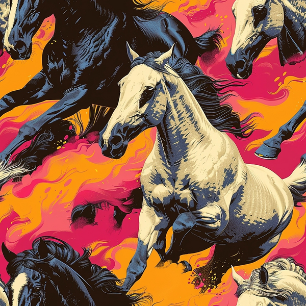 horses, galloping horses, equestrian, pink, orange, yellow, black, cream, dynamic movement, wild horses, flowing manes, dramatic sky, western theme,, fabric panel, energetic, powerful, herd, sunset colors, vibrant colors