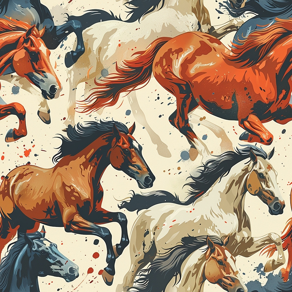horses, galloping horses, equestrian, orange, rust, navy blue, cream, beige, watercolor style, artistic splashes, dynamic movement, wild horses, running horses, horse manes, flowing manes,, fabric panel, western theme, painterly effect, splattered paint