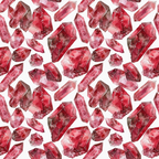 garnet red, deep crimson, burgundy, pink tones, watercolor style, gemstone pattern, crystal designs, mineral illustrations, geometric crystals, faceted gems, repeating pattern,, fabric panel, artistic rendering, transparent effects, jewel tones, ruby red, maroon shades, scattered layout, mineral collection