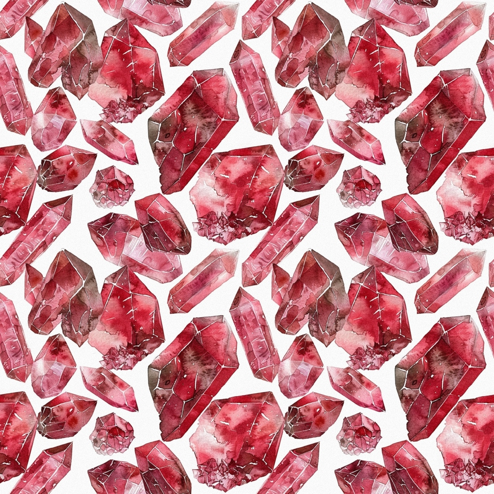 garnet red, deep crimson, burgundy, pink tones, watercolor style, gemstone pattern, crystal designs, mineral illustrations, geometric crystals, faceted gems, repeating pattern,, fabric panel, artistic rendering, transparent effects, jewel tones, ruby red, maroon shades, scattered layout, mineral collection
