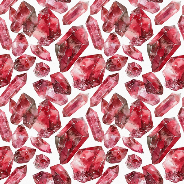 garnet red, deep crimson, burgundy, pink tones, watercolor style, gemstone pattern, crystal designs, mineral illustrations, geometric crystals, faceted gems, repeating pattern,, fabric panel, artistic rendering, transparent effects, jewel tones, ruby red, maroon shades, scattered layout, mineral collection