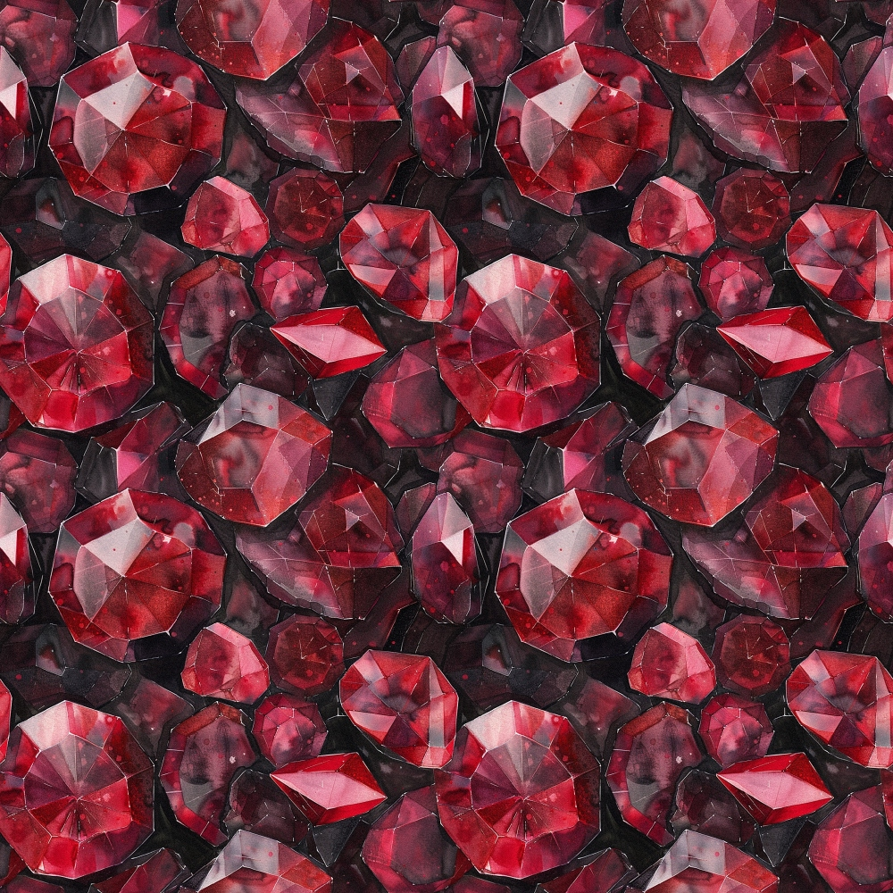 garnet red, deep crimson, burgundy, dark pink, gemstone pattern, faceted crystals, jewel tones, repeating design, luxurious texture,, fabric panel, sparkling gems, rich colors, geometric shapes, precious stones, glossy finish, seamless repeat, elegant pattern, mineral design, ruby tones