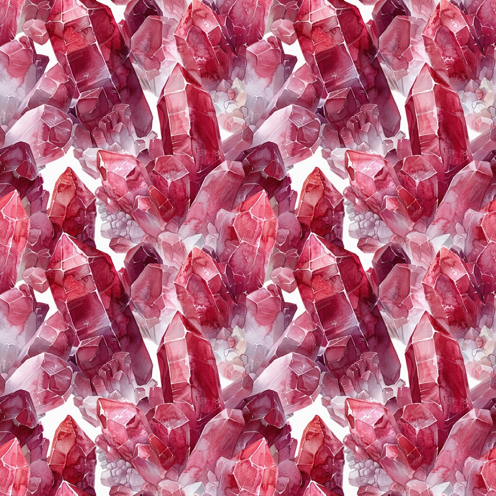 garnet, red, pink, burgundy, crimson, rose, gemstones, crystals, minerals, geometric pattern, repeating design, watercolor style, translucent, faceted gems,, fabric panel, luxurious, sparkling, jewel tones, seamless pattern