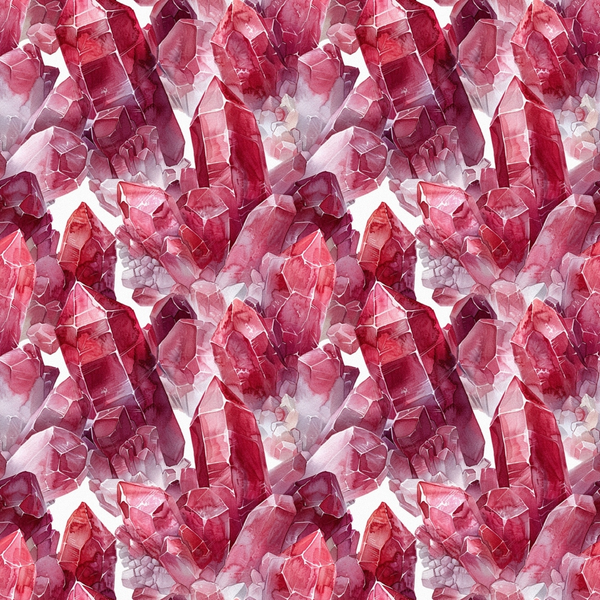 garnet, red, pink, burgundy, crimson, rose, gemstones, crystals, minerals, geometric pattern, repeating design, watercolor style, translucent, faceted gems,, fabric panel, luxurious, sparkling, jewel tones, seamless pattern