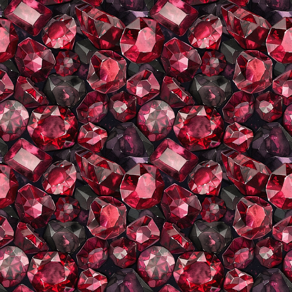 garnet red, deep crimson, burgundy, dark red, gemstone pattern, faceted gems, jewels design, repeating pattern, luxury motif, precious stones, crystal cut, sparkling gems,, fabric panel, rich colors, elegant design, geometric facets, seamless repeat, luxurious feel, brilliant cut