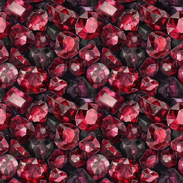 garnet red, deep crimson, burgundy, dark red, gemstone pattern, faceted gems, jewels design, repeating pattern, luxury motif, precious stones, crystal cut, sparkling gems,, fabric panel, rich colors, elegant design, geometric facets, seamless repeat, luxurious feel, brilliant cut