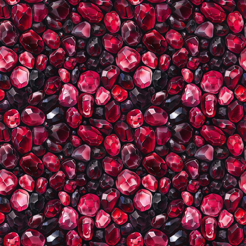 ruby red, deep crimson, burgundy, maroon, dark red, garnet gemstones, precious stones, faceted gems, jewels pattern, repeating design, luxurious, sparkling, crystalline, geometric shapes,, fabric panel, rich textures, elegant, sophisticated, treasure theme