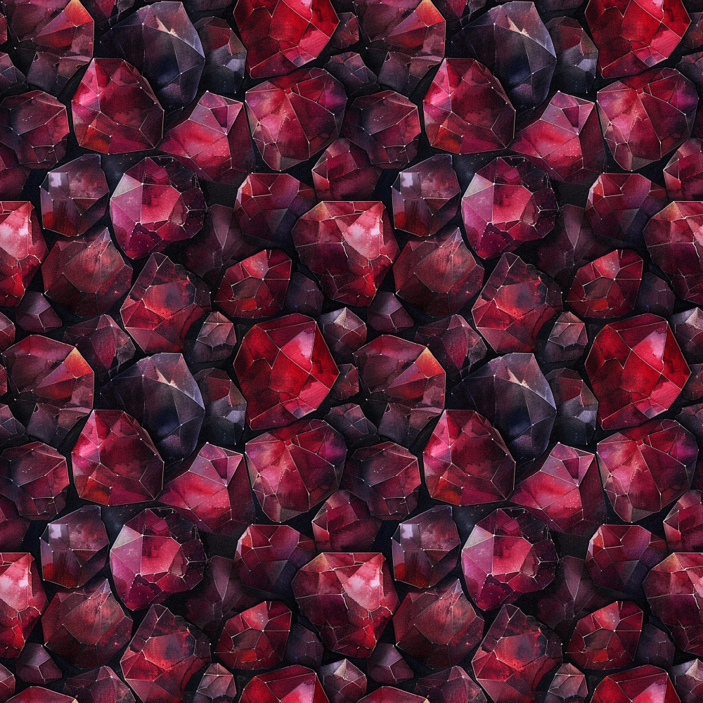 garnet, deep red, burgundy, crimson, magenta, purple, gemstones, crystals, faceted gems, geometric pattern, repeating design, luxurious, sparkling, jewel tones,, fabric panel, mineral pattern, precious stones, rich colors, dimensional appearance