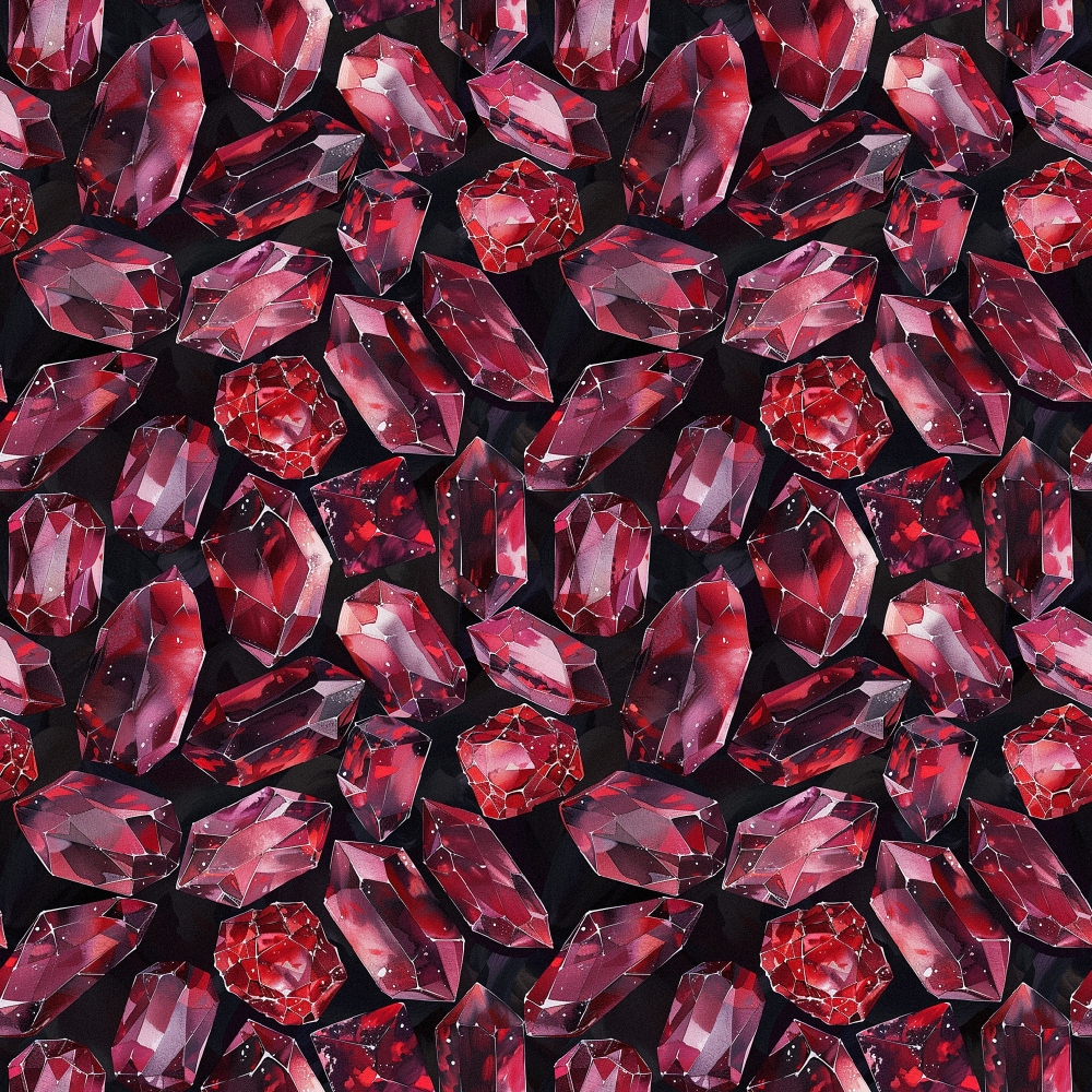 deep red, burgundy, crimson, garnet gemstones, precious stones, crystals, faceted gems, jewelry pattern, repeating design, geometric shapes, luxurious, sparkling, reflective surfaces, black background,, fabric panel, rich colors, elegant pattern, mineral design, lustrous finish