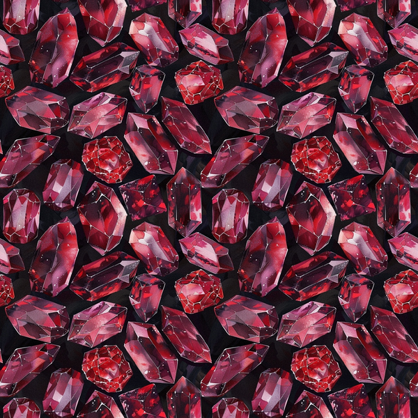deep red, burgundy, crimson, garnet gemstones, precious stones, crystals, faceted gems, jewelry pattern, repeating design, geometric shapes, luxurious, sparkling, reflective surfaces, black background,, fabric panel, rich colors, elegant pattern, mineral design, lustrous finish