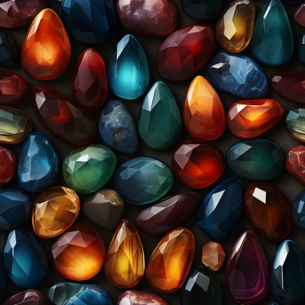 gemstones, crystals, minerals, faceted stones, amber, sapphire, emerald, ruby, topaz, orange stones, blue gems, red crystals, green gemstones, purple amethyst, teal stones, golden amber, jewel tones, geometric facets, polished stones,, fabric panel, luxurious pattern, rich colors, precious stones, semi-precious gems