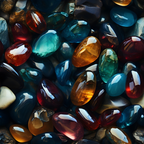 gemstones, crystals, minerals, amber, turquoise, ruby red, emerald green, sapphire blue, orange topaz, deep purple, translucent stones, polished gems, scattered pattern, realistic artwork, lustrous finish,, fabric panel, jewel tones, geological specimens, precious stones, smooth surfaces, reflective light