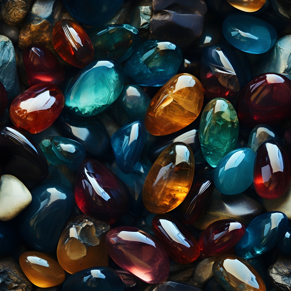 gemstones, crystals, minerals, amber, turquoise, ruby red, emerald green, sapphire blue, orange topaz, deep purple, translucent stones, polished gems, scattered pattern, realistic artwork, lustrous finish,, fabric panel, jewel tones, geological specimens, precious stones, smooth surfaces, reflective light